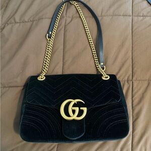 Gucci Black Velvet Shoulder Bag with Gold Chain
